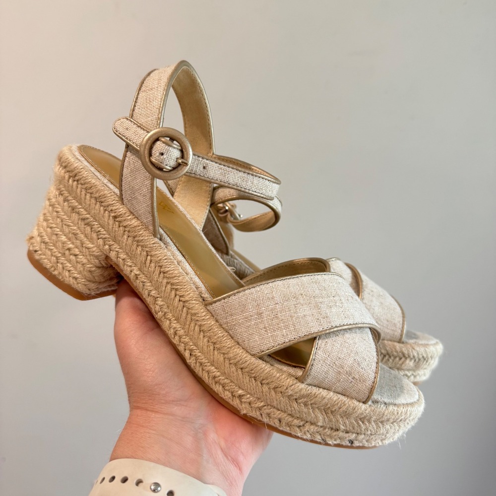 J.Crew Espadrille Block Heel Sandals Beige Gold Linen BW888 Womens 6